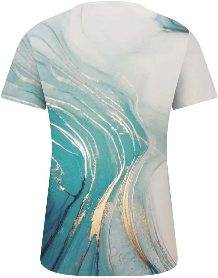 Summer Shirts for Women 2025 Plus Size Short Sleeve Henley Tops Marble Floral Loose Tshirt Tee Casual Dressy Tunics
