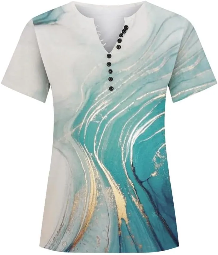 Summer Shirts for Women 2025 Plus Size Short Sleeve Henley Tops Marble Floral Loose Tshirt Tee Casual Dressy Tunics