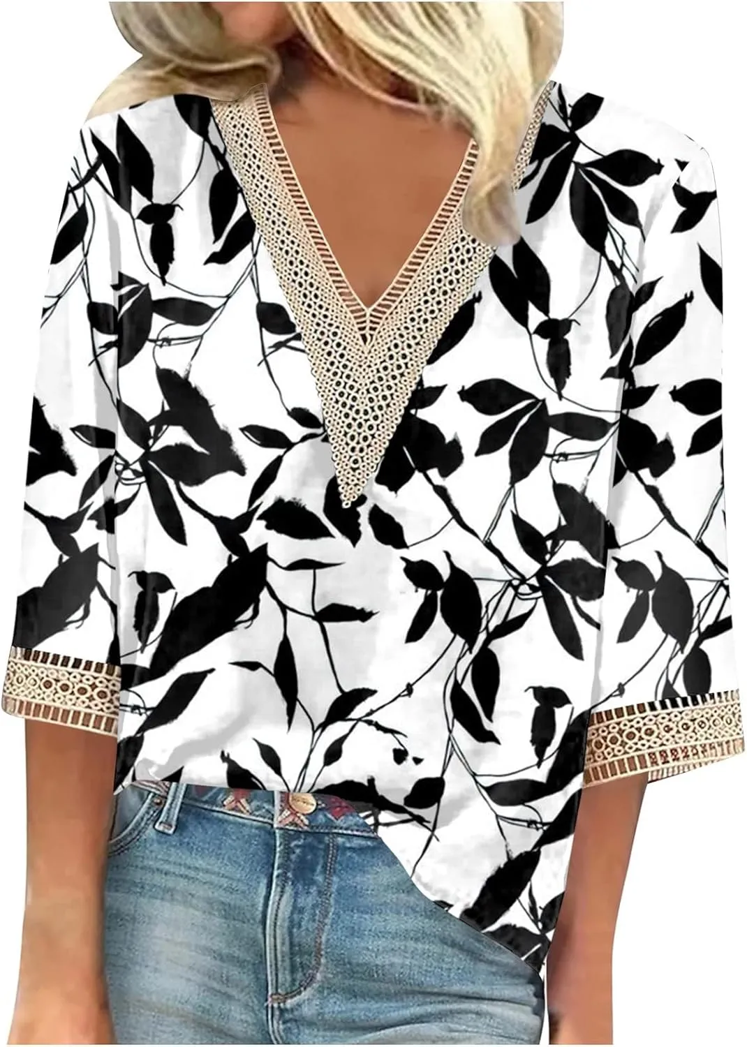Summer Tops for Women 2024 3/4 Sleeve Bohemian T-Shirts for Womens V Neck Loose Frill Floral Trendy Shirt