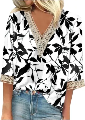 Summer Tops for Women 2024 3/4 Sleeve Bohemian T-Shirts for Womens V Neck Loose Frill Floral Trendy Shirt