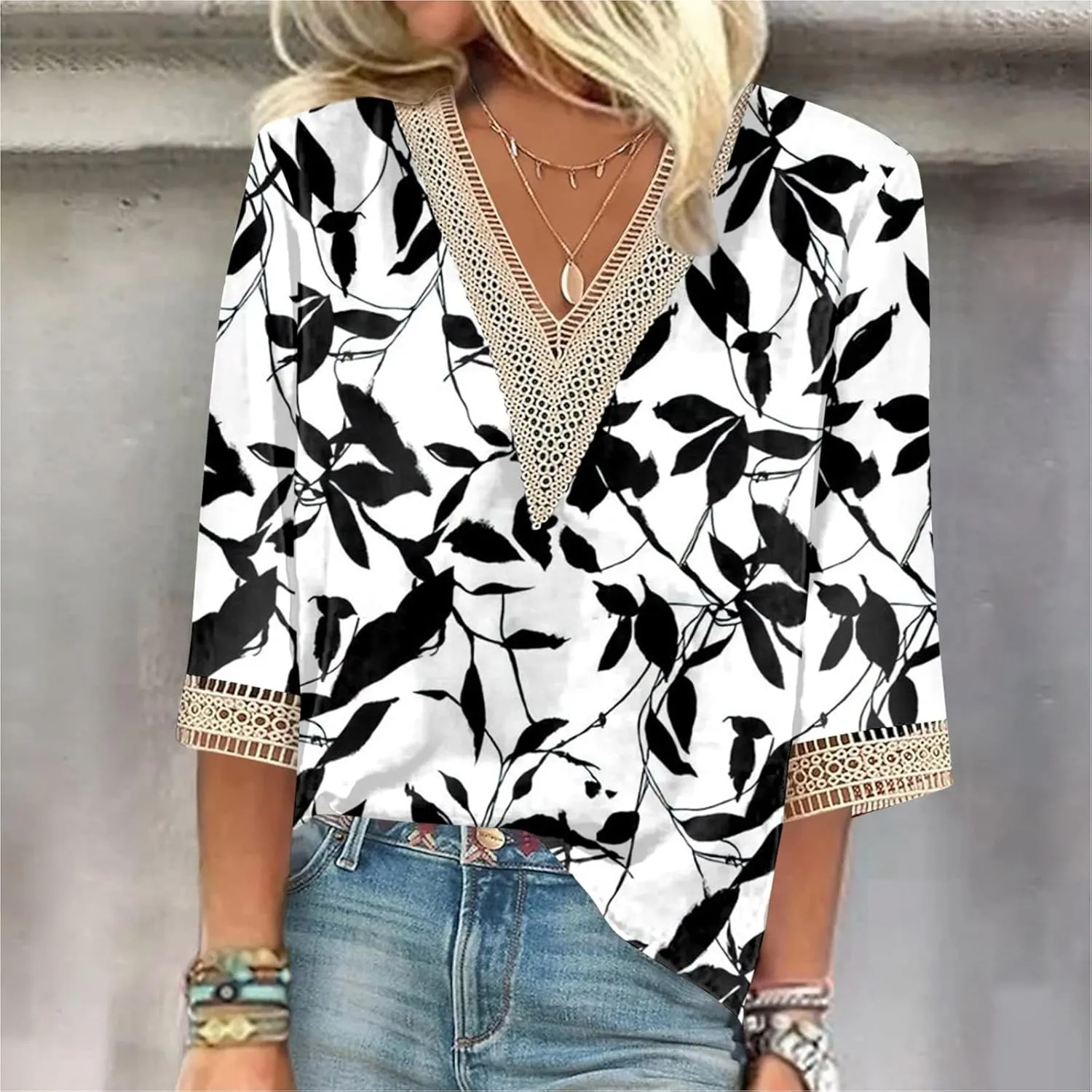 Summer Tops for Women 2024 3/4 Sleeve Bohemian T-Shirts for Womens V Neck Loose Frill Floral Trendy Shirt
