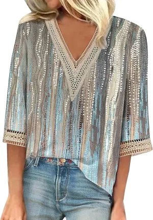 Summer Tops for Women 2024 3/4 Sleeve Bohemian T-Shirts for Womens V Neck Loose Frill Floral Trendy Shirt