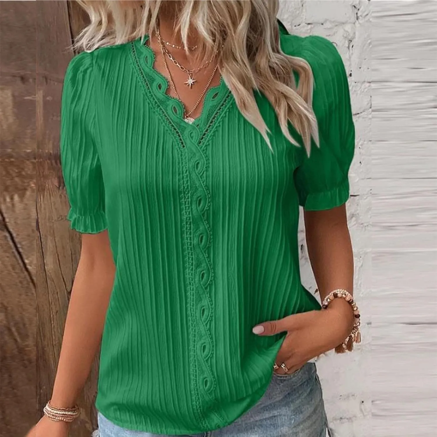 Summer Tops for Women 2025 Casual Lace V Neck Plain Elegant Shirt Fashion Solid Short Sleeve Tunic Blouses Outfits