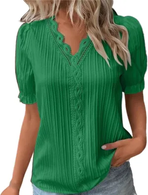 Summer Tops for Women 2025 Casual Lace V Neck Plain Elegant Shirt Fashion Solid Short Sleeve Tunic Blouses Outfits