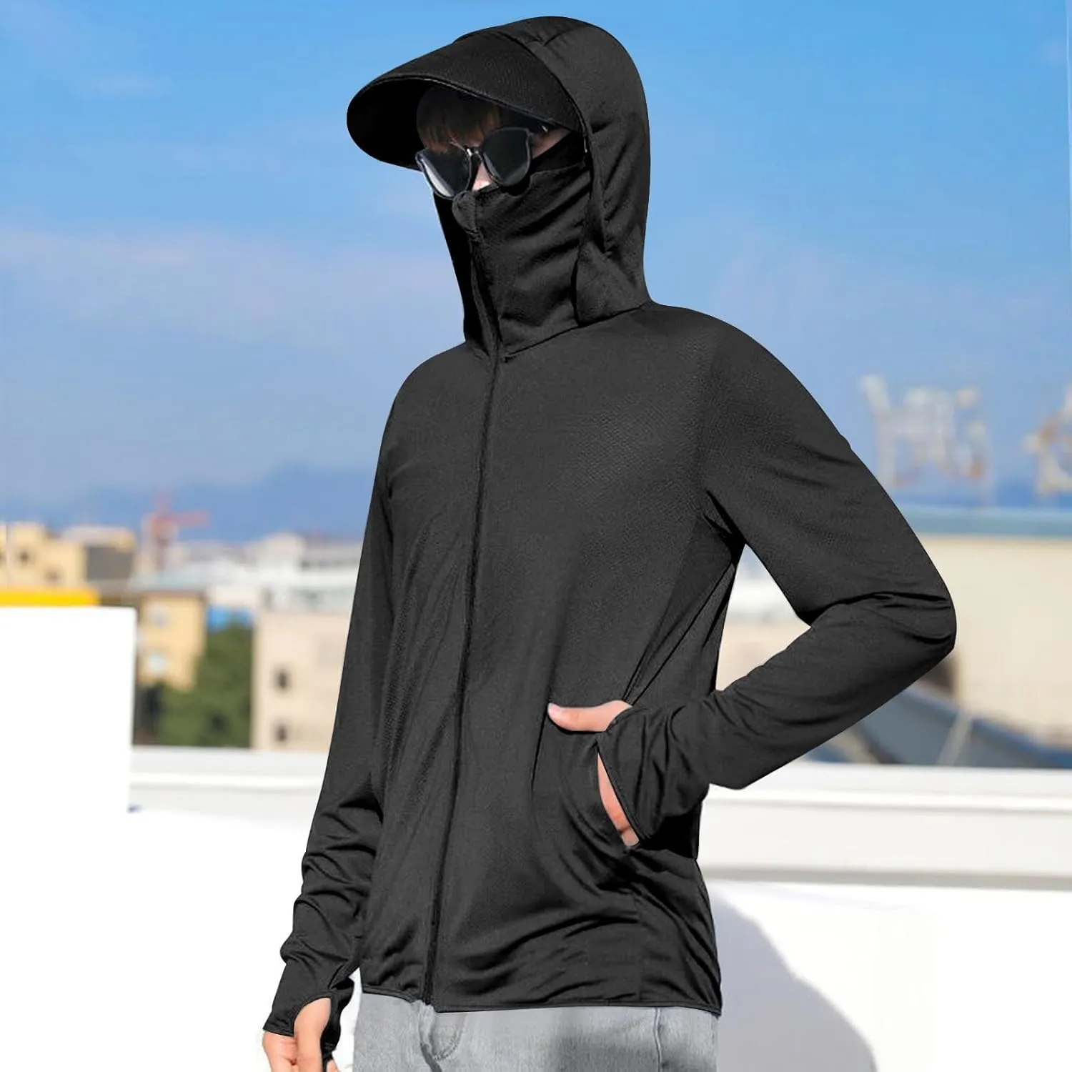 Sun Shirts for Men Hooded UPF 50  Long Sleeve Fishing Shirt with Mask UV Neck Gaiter Full Zip up Hoodie with Pockets