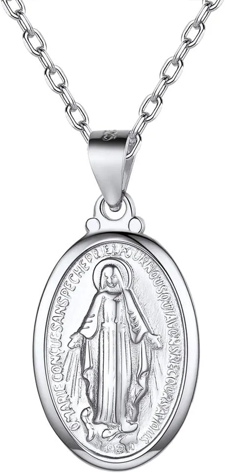 Suplight 925 Stelring Silver Virgin Mary Necklace Christian Jewelry Oval Medallion Medal Pendant Necklaces (with Gift Box)