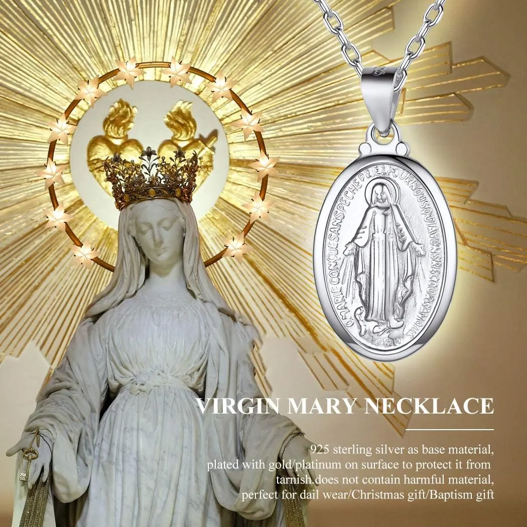 Suplight 925 Stelring Silver Virgin Mary Necklace Christian Jewelry Oval Medallion Medal Pendant Necklaces (with Gift Box)