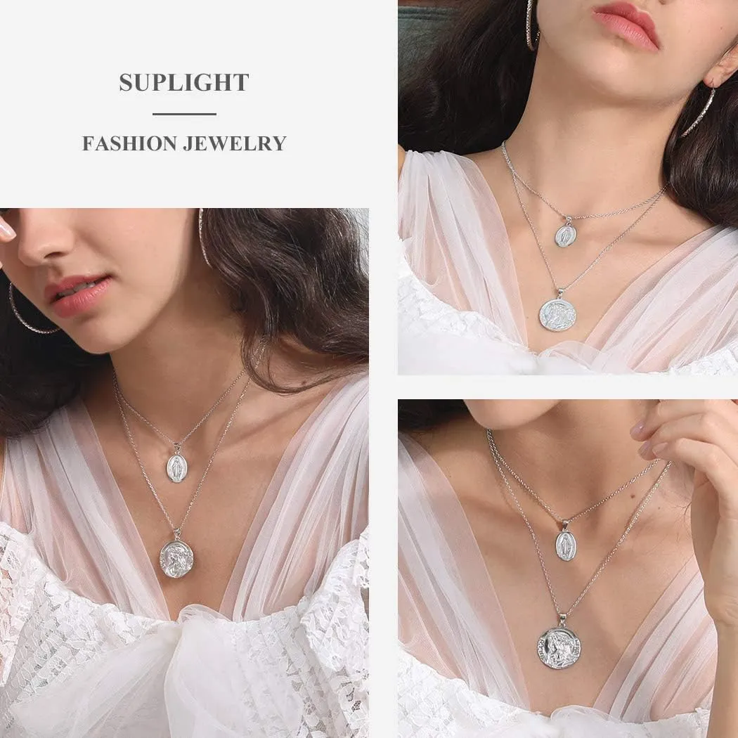 Suplight 925 Stelring Silver Virgin Mary Necklace Christian Jewelry Oval Medallion Medal Pendant Necklaces (with Gift Box)