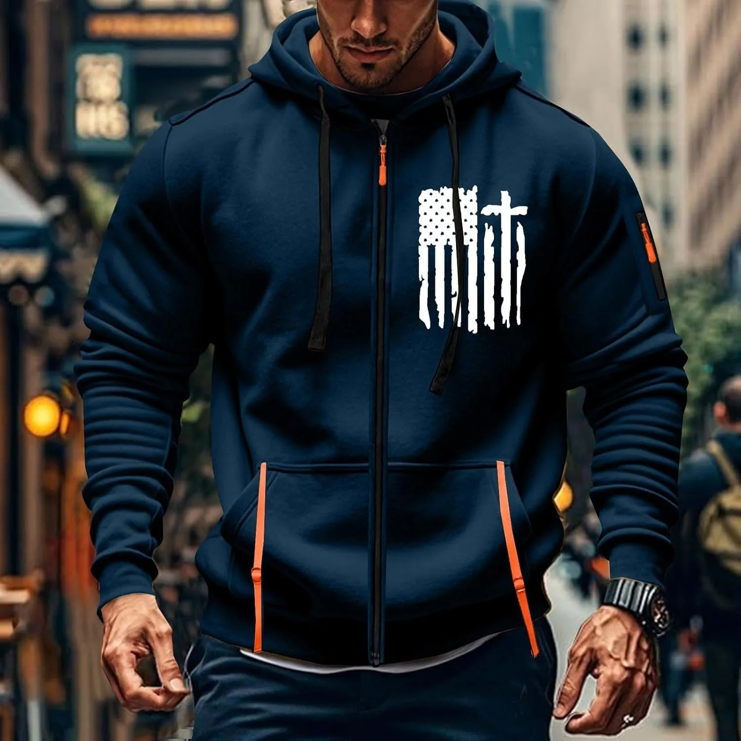 Sweatshirt Mens Zip Athletic Fashion Military Drawstring Mens Sweatshirts Stylish Gym Hoodie with Pockets