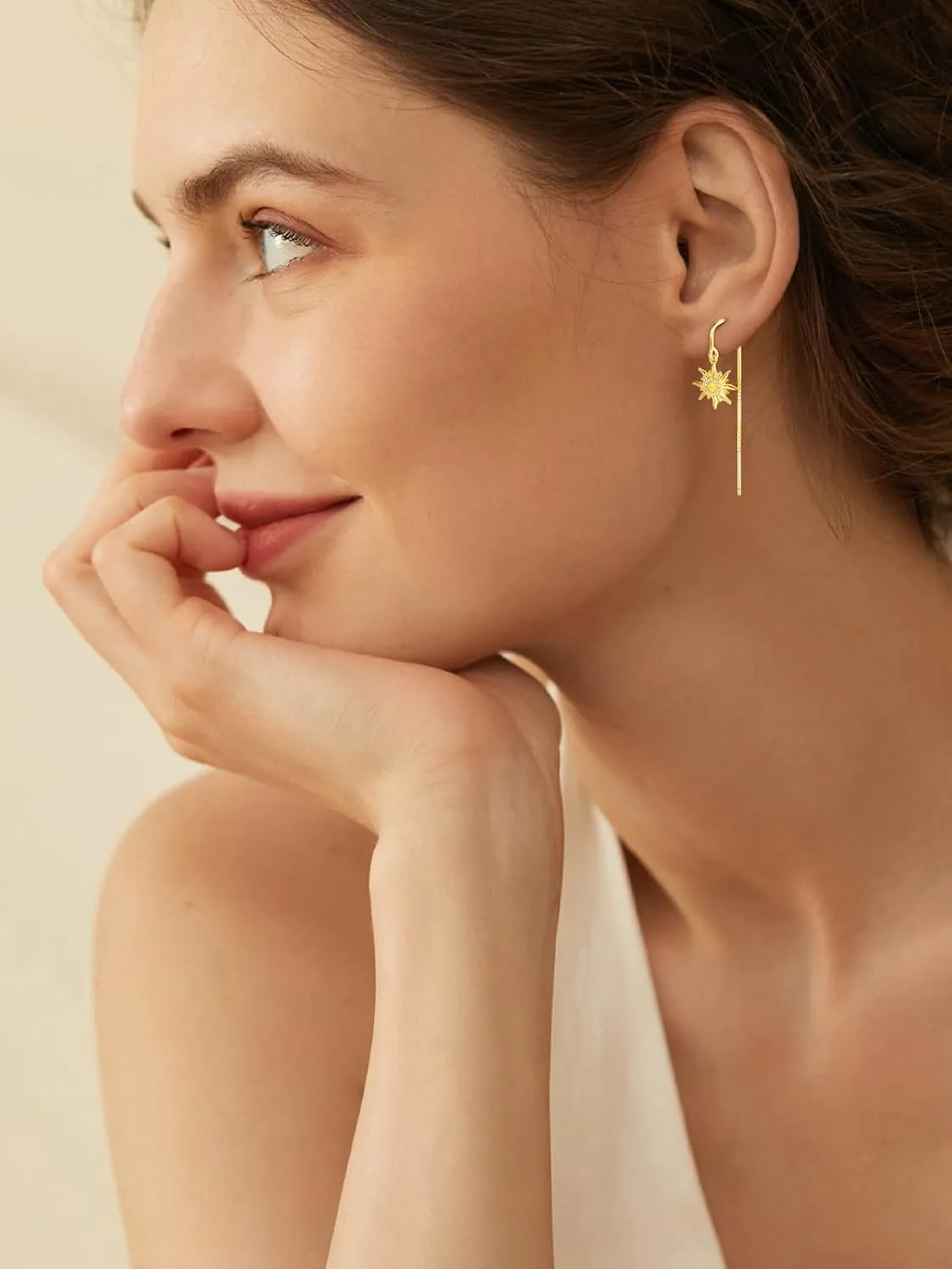 TANGPOET Sun Moon Star Threader Earrings for Women 925 Sterling Silver Synthetic Opal Long Chain Thread Earrings Hypoallergenic Celestial Jewelry Gifts for Birthday Mother's Day Christmas