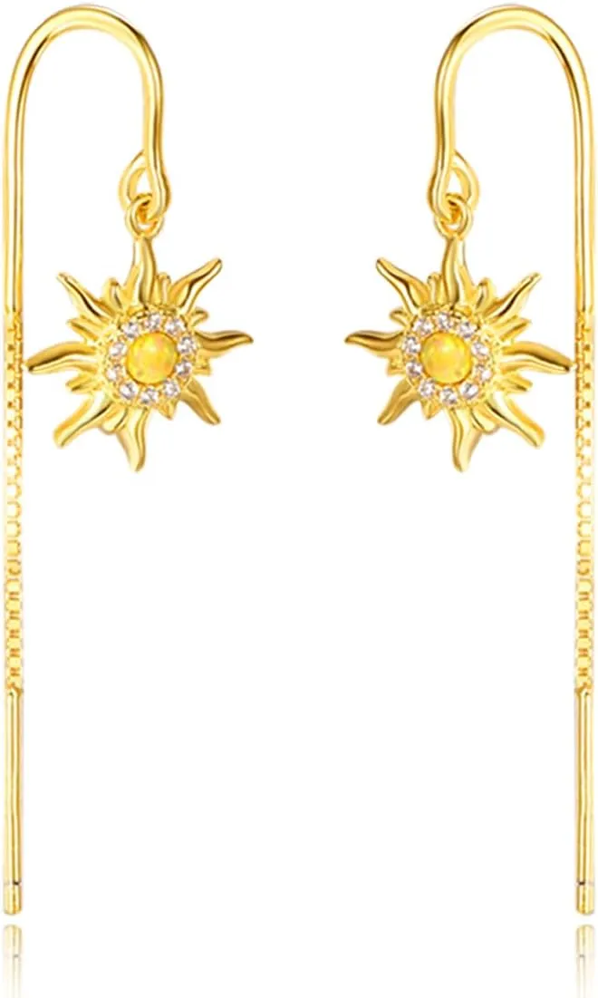 TANGPOET Sun Moon Star Threader Earrings for Women 925 Sterling Silver Synthetic Opal Long Chain Thread Earrings Hypoallergenic Celestial Jewelry Gifts for Birthday Mother's Day Christmas
