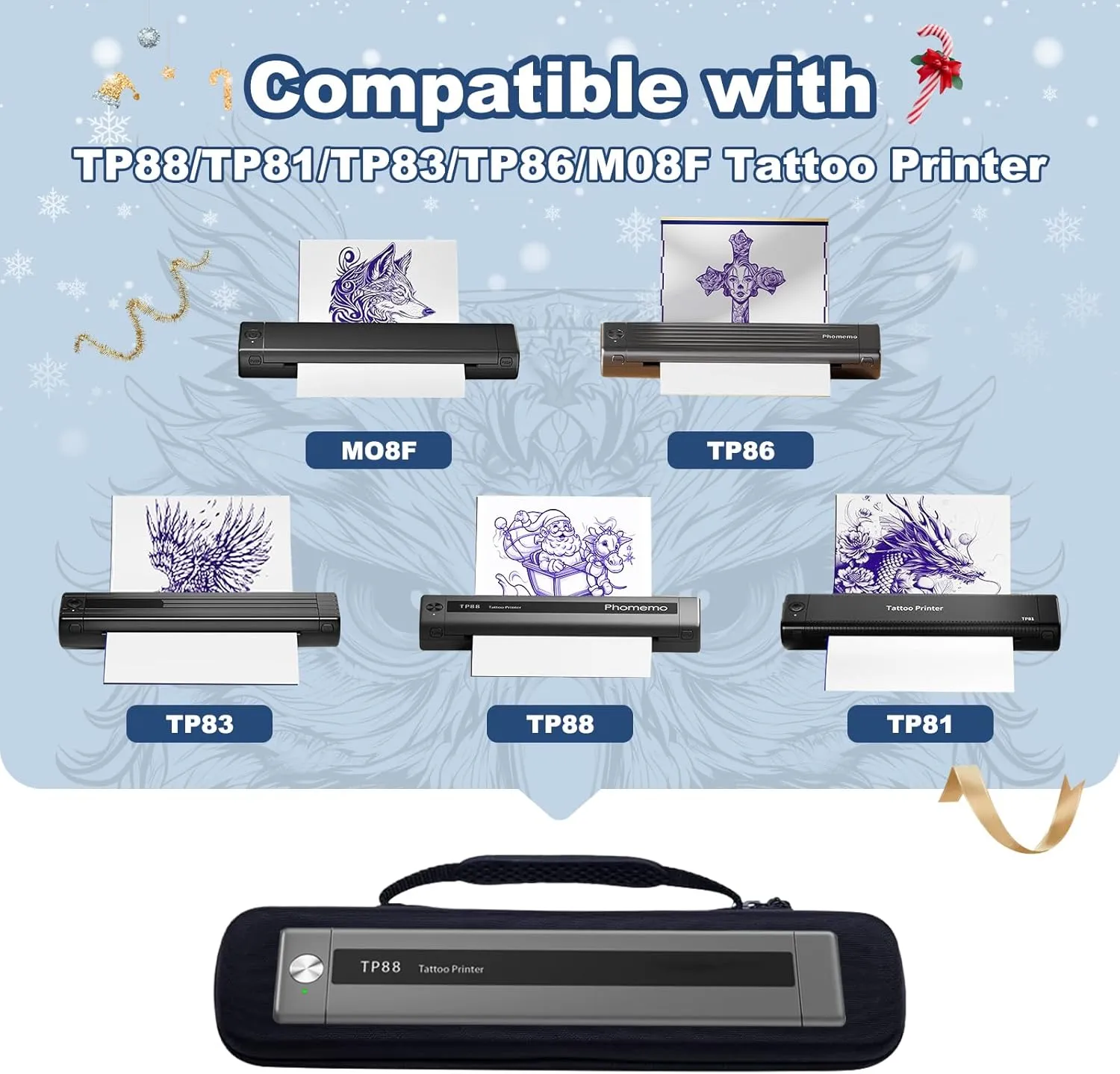 Tattoo Case, Compatible with Phomemo TP88/M08F/TP81/TP83 A4 Portable Printer&Tattoo Machines, for Travel Printer Storage Papers & USB Cable, Shockproof (Case Only), Black