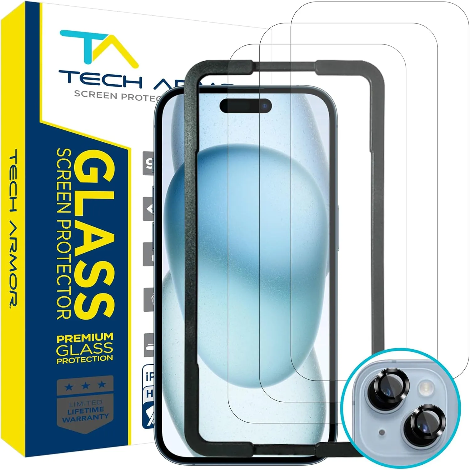 Tech Armor Screen Protector for iPhone 15 6.1 inch - Ballistic Tempered Glass, Case Friendly, Sensor Protection, HD, 9H Hardness, 3 Pack   Bonus Camera Lens Protectors