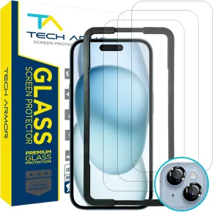 Tech Armor Screen Protector for iPhone 15 6.1 inch - Ballistic Tempered Glass, Case Friendly, Sensor Protection, HD, 9H Hardness, 3 Pack   Bonus Camera Lens Protectors