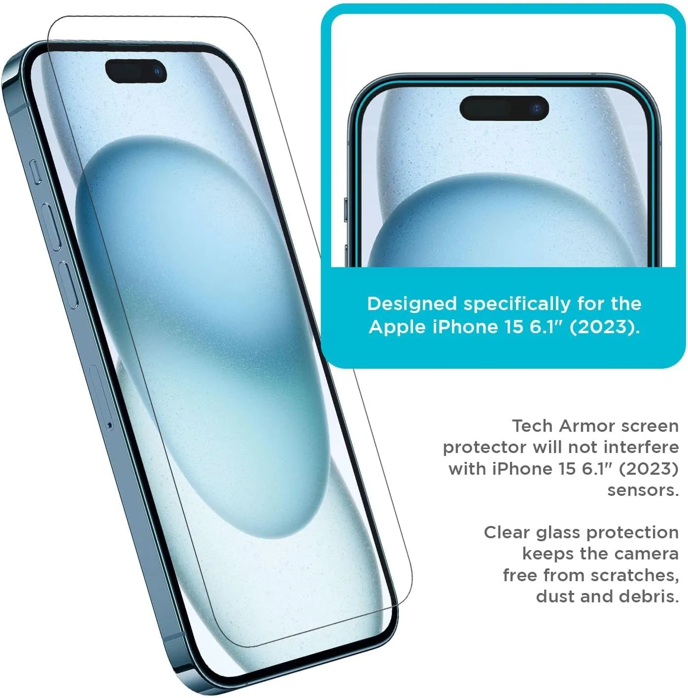 Tech Armor Screen Protector for iPhone 15 6.1 inch - Ballistic Tempered Glass, Case Friendly, Sensor Protection, HD, 9H Hardness, 3 Pack   Bonus Camera Lens Protectors