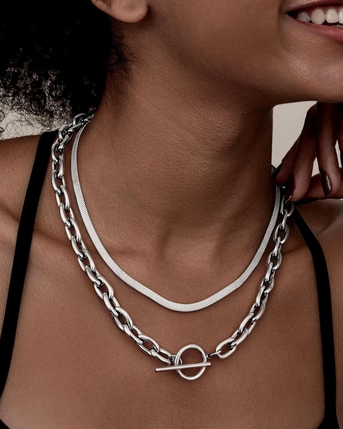 TEN MIRO 18k Chunky Gold Necklace for Women Sweatproof, Non Tarnish Chunky Layered Chain Necklaces Thick Gold Layering Herringbone Paperclip Necklace Stacks Toggle Necklaces for Women Men