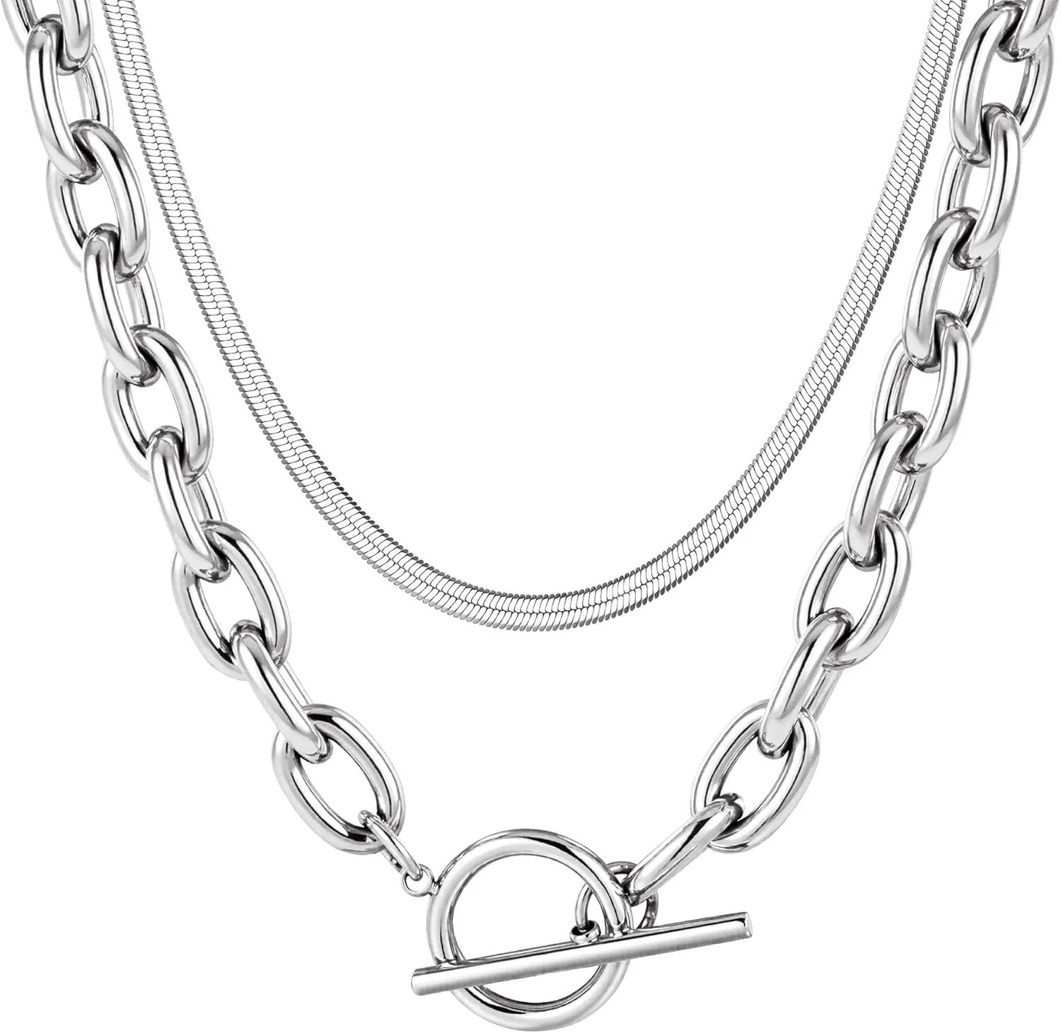 TEN MIRO 18k Chunky Gold Necklace for Women Sweatproof, Non Tarnish Chunky Layered Chain Necklaces Thick Gold Layering Herringbone Paperclip Necklace Stacks Toggle Necklaces for Women Men