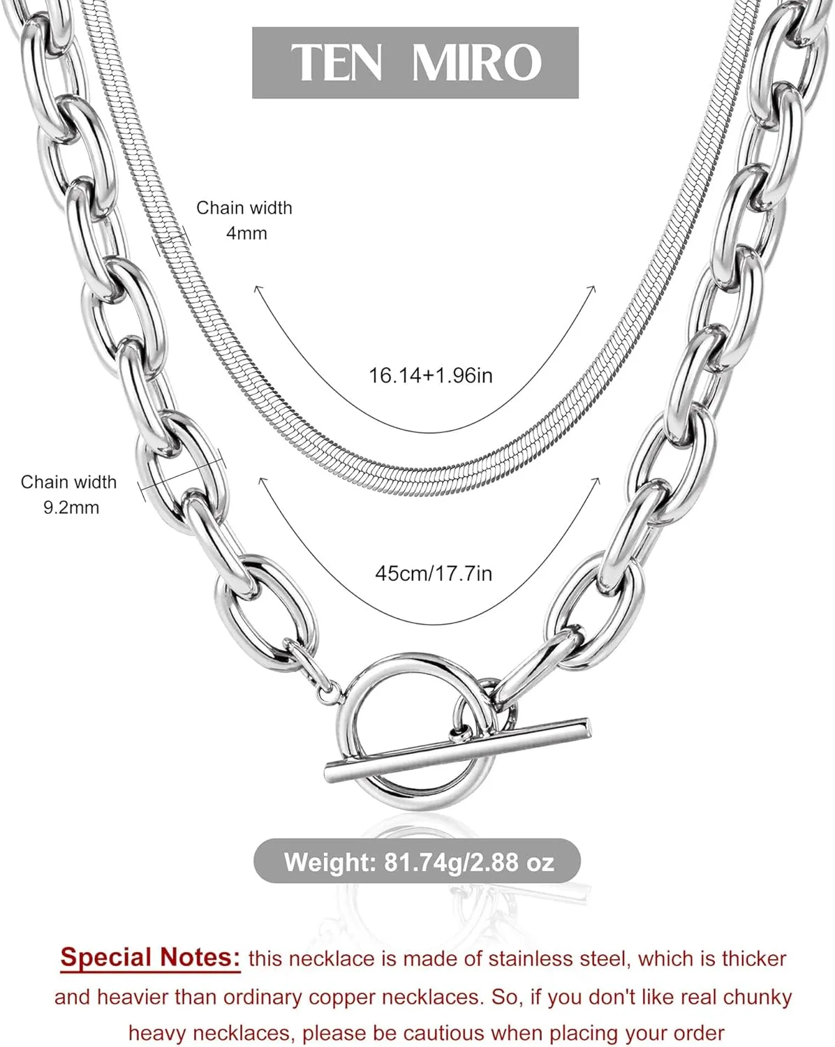 TEN MIRO 18k Chunky Gold Necklace for Women Sweatproof, Non Tarnish Chunky Layered Chain Necklaces Thick Gold Layering Herringbone Paperclip Necklace Stacks Toggle Necklaces for Women Men