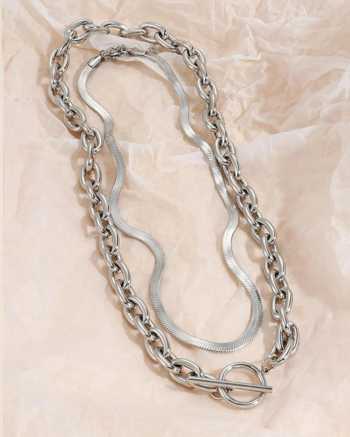 TEN MIRO 18k Chunky Gold Necklace for Women Sweatproof, Non Tarnish Chunky Layered Chain Necklaces Thick Gold Layering Herringbone Paperclip Necklace Stacks Toggle Necklaces for Women Men
