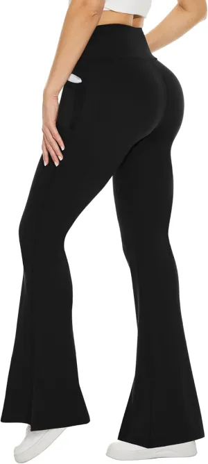 TNNZEET Black Flare Leggings for Women, Crossover Yoga Pants with Pockets Bootcut Flared Leggings