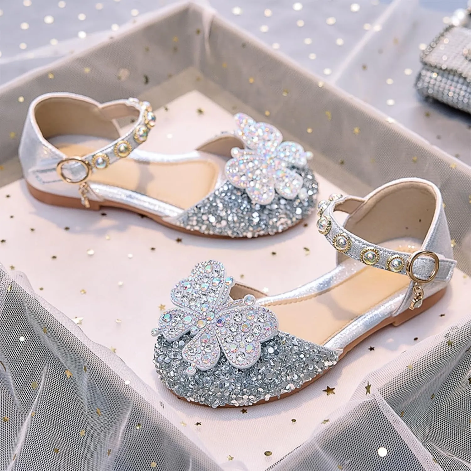 Toddler Girls Sandals Girls Soft Sole Shiny Rhinestone Single Shoes Little Girl Butterfly Pearl Princess Shoes