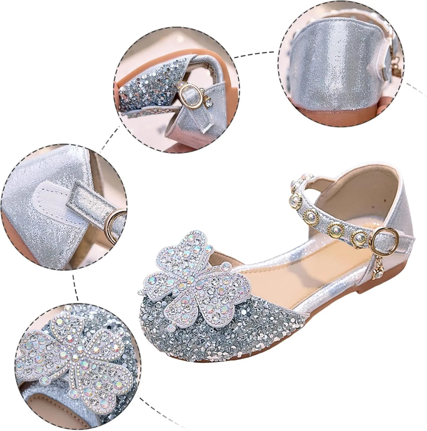 Toddler Girls Sandals Girls Soft Sole Shiny Rhinestone Single Shoes Little Girl Butterfly Pearl Princess Shoes
