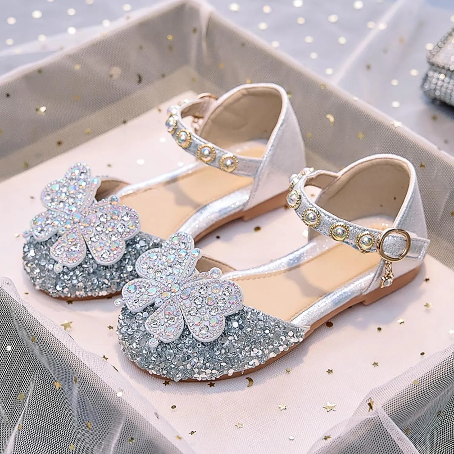 Toddler Girls Sandals Girls Soft Sole Shiny Rhinestone Single Shoes Little Girl Butterfly Pearl Princess Shoes