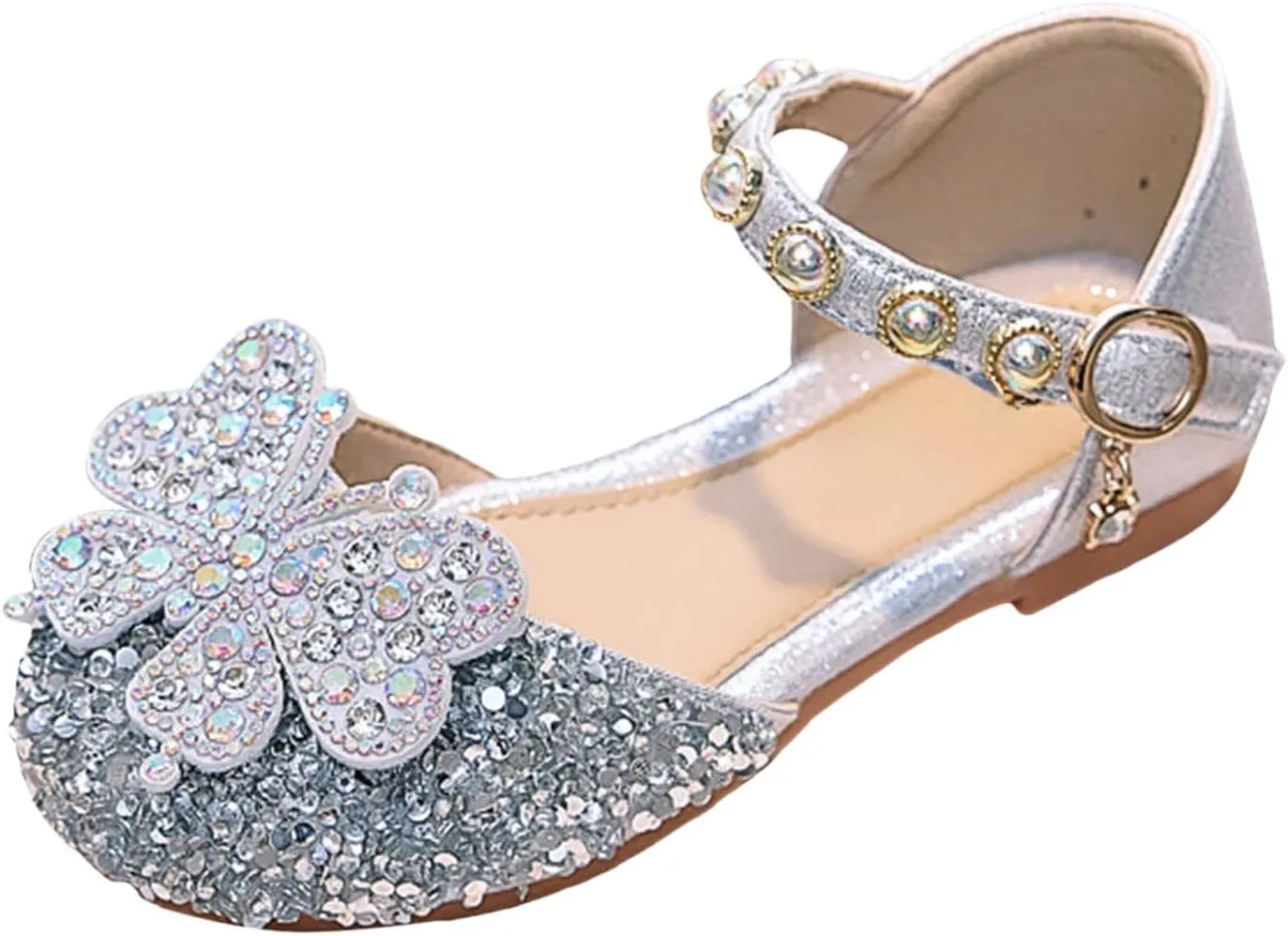 Toddler Girls Sandals Girls Soft Sole Shiny Rhinestone Single Shoes Little Girl Butterfly Pearl Princess Shoes