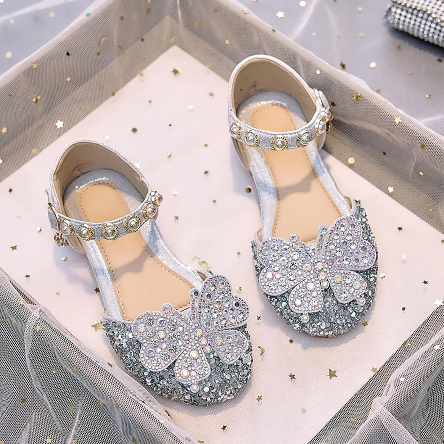 Toddler Girls Sandals Girls Soft Sole Shiny Rhinestone Single Shoes Little Girl Butterfly Pearl Princess Shoes