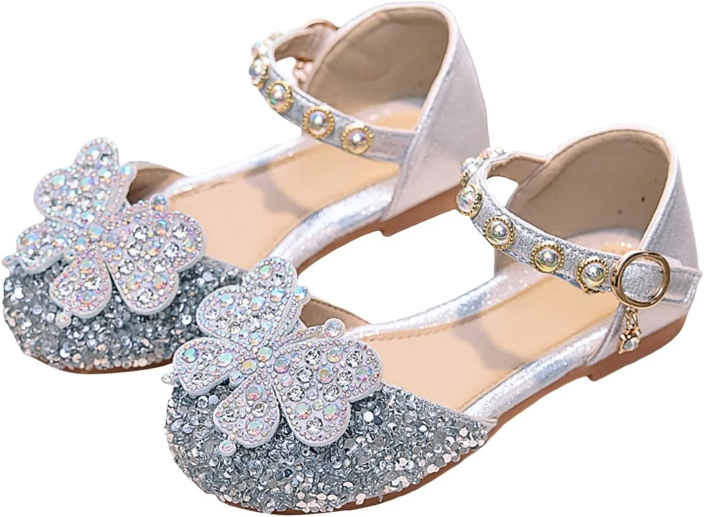 Toddler Girls Sandals Girls Soft Sole Shiny Rhinestone Single Shoes Little Girl Butterfly Pearl Princess Shoes