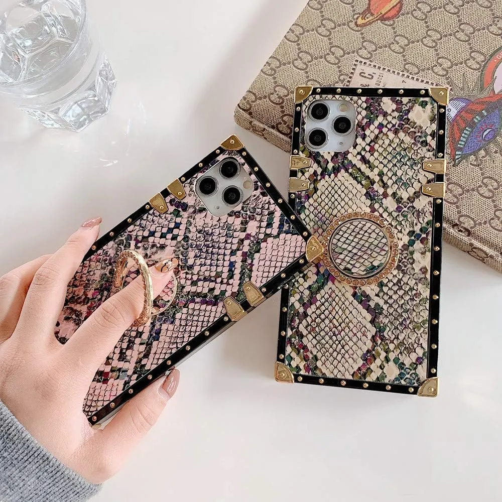 Trendy Snakeskin Phone Cases Compatible with iPhone 12 case 12 Pro with Ring Holder Stander Shockproof Luxury Back Covers Shell (Snakeskin Gold, iPhone 12/12 Pro 6.1'')
