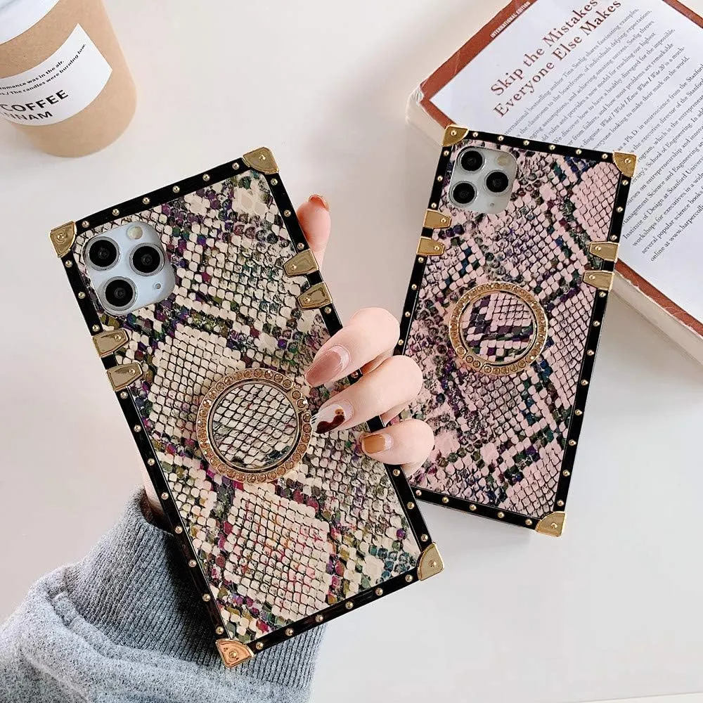 Trendy Snakeskin Phone Cases Compatible with iPhone 12 case 12 Pro with Ring Holder Stander Shockproof Luxury Back Covers Shell (Snakeskin Gold, iPhone 12/12 Pro 6.1'')