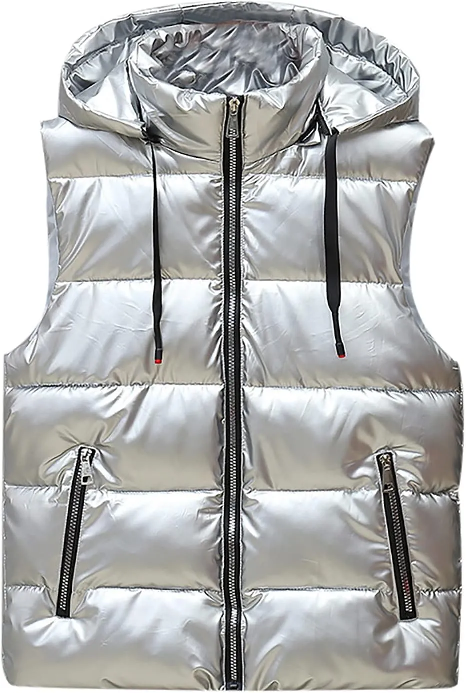 tuduoms Womens Hooded Shiny Puffer Vest Lightweight Waterproof Slim Sleeveless Quilted Removable Hooded Winter Down Vest Coat