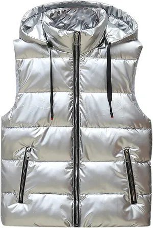 tuduoms Womens Hooded Shiny Puffer Vest Lightweight Waterproof Slim Sleeveless Quilted Removable Hooded Winter Down Vest Coat