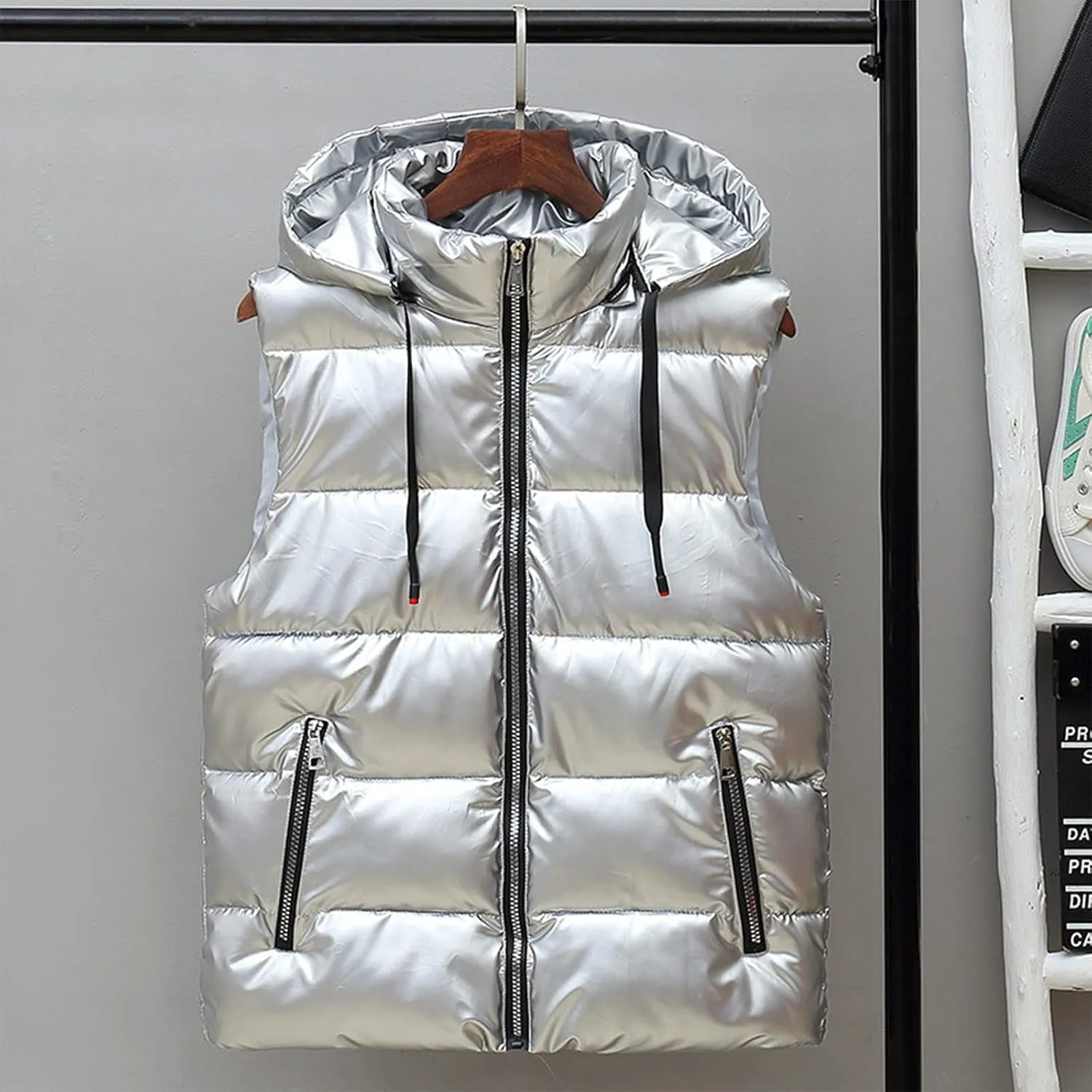 tuduoms Womens Hooded Shiny Puffer Vest Lightweight Waterproof Slim Sleeveless Quilted Removable Hooded Winter Down Vest Coat