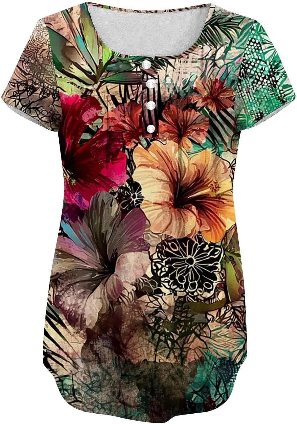 Tunics for Women Trendy Button Crewneck Tops Dressy Short Sleeve Shirts Floral Printed Loose Fit Pleated Boho Tops