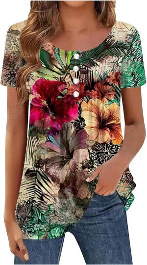 Tunics for Women Trendy Button Crewneck Tops Dressy Short Sleeve Shirts Floral Printed Loose Fit Pleated Boho Tops