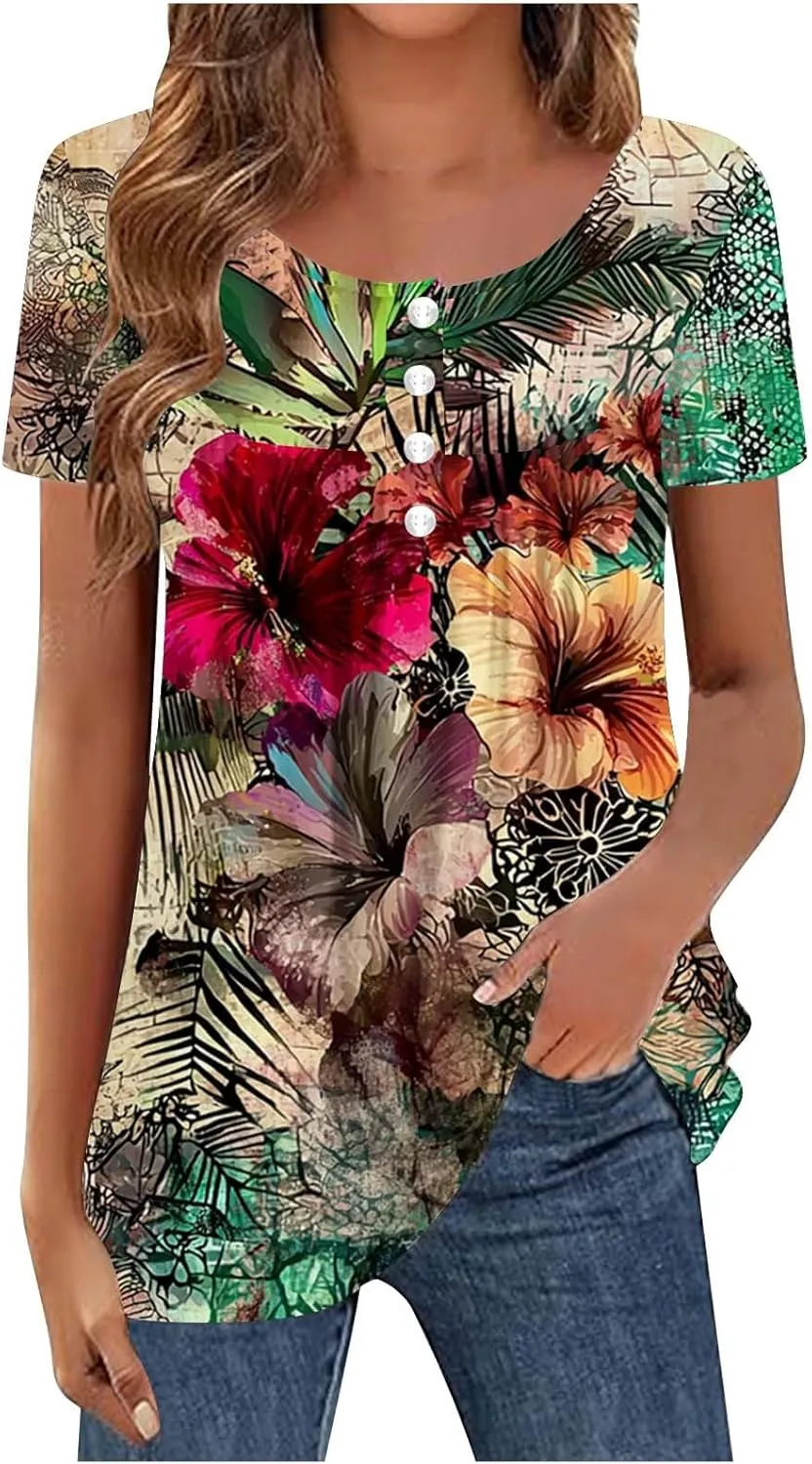 Tunics for Women Trendy Button Crewneck Tops Dressy Short Sleeve Shirts Floral Printed Loose Fit Pleated Boho Tops