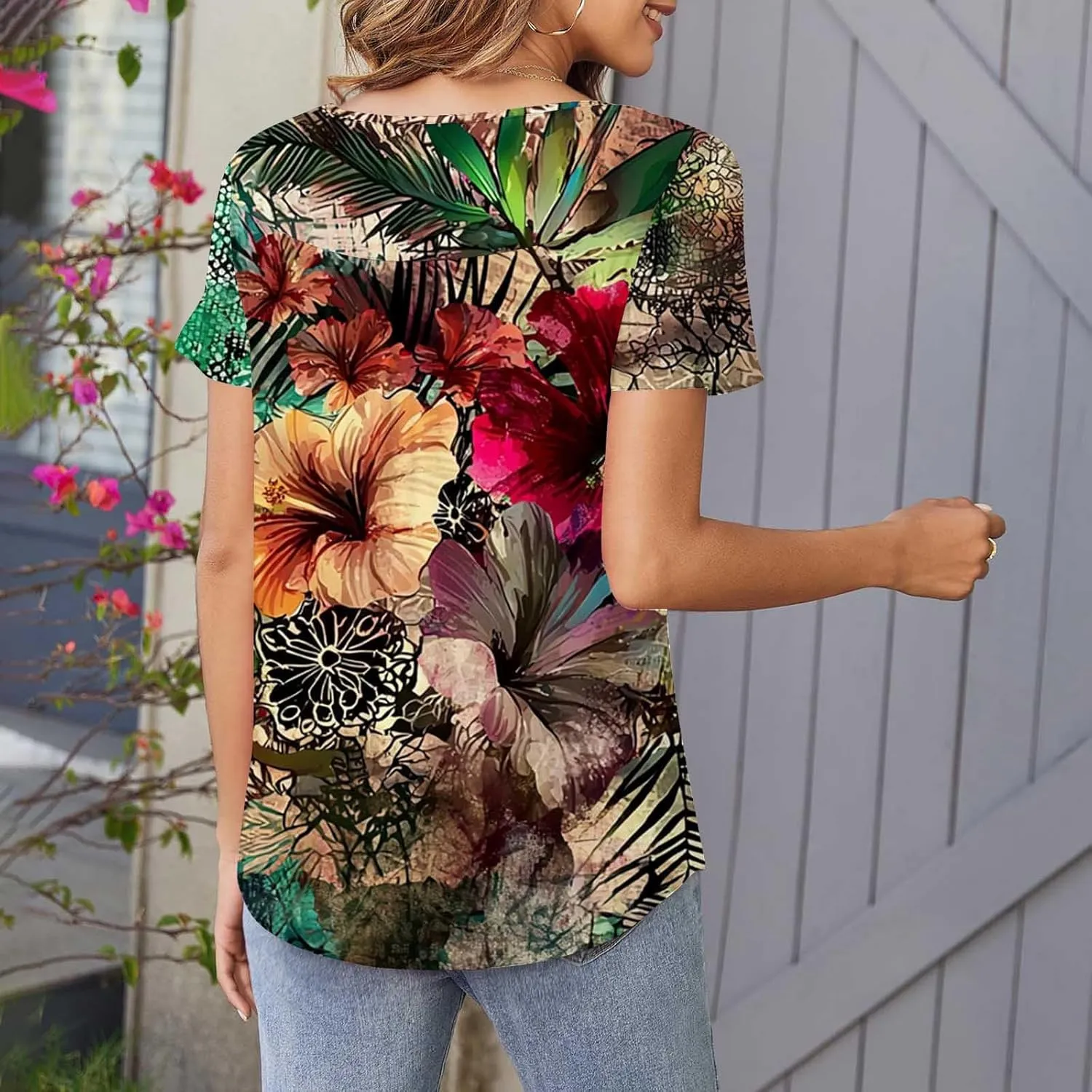 Tunics for Women Trendy Button Crewneck Tops Dressy Short Sleeve Shirts Floral Printed Loose Fit Pleated Boho Tops