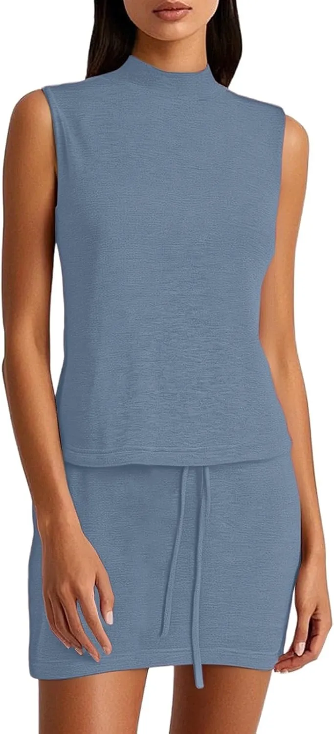 Two Piece Sets for Women Summer Skirt Casual Mock Neck Sleeveless Sweatsuits Skort Set Black Athletic Tennis Outfit