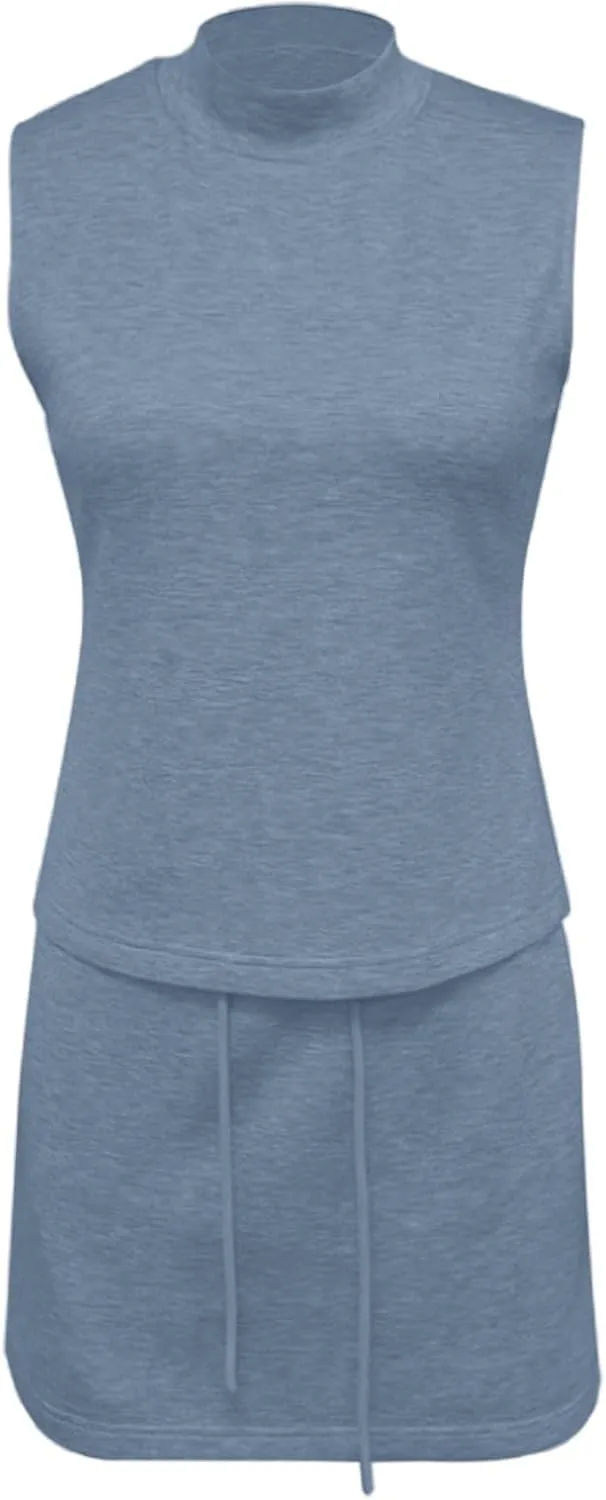 Two Piece Sets for Women Summer Skirt Casual Mock Neck Sleeveless Sweatsuits Skort Set Black Athletic Tennis Outfit