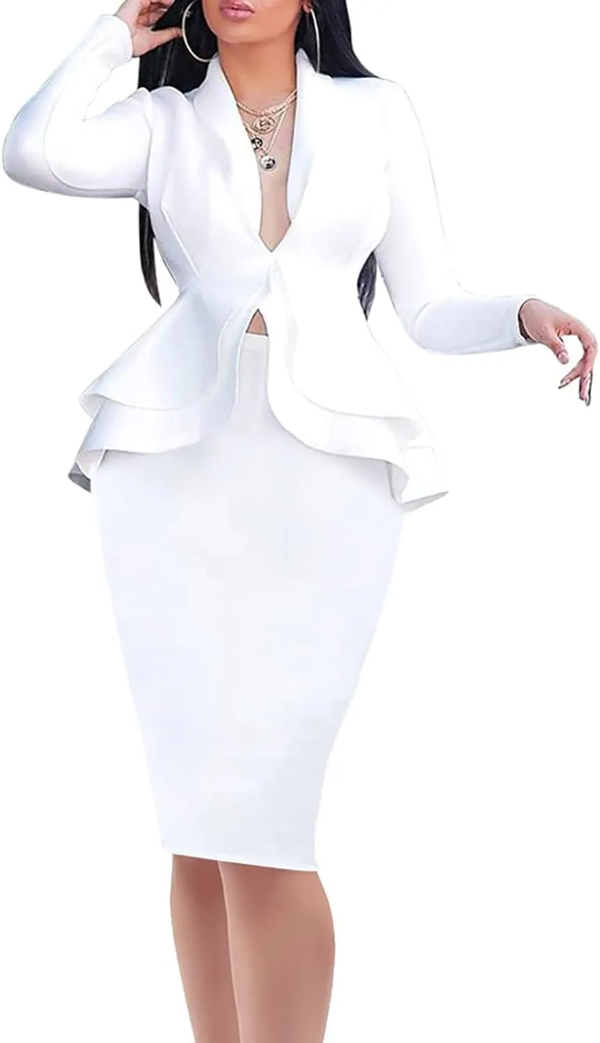 Two Piece Suit Sets Stretchy 2 Piece Outfits for Women Solid Blazer Jacket Skirts Sets