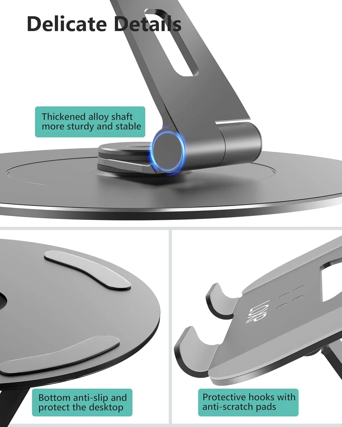Ultra-Stable Aluminumy Swivel Laptop Stand for Desk with Rotating Foldable Phone Holder, 300% Large Base Stability, Anti-Loosening,Suitable for 10"-17.3" Laptops,Gray