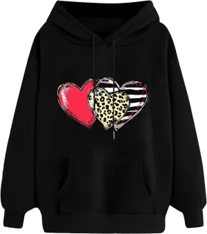 Valentines Day Hoodies for Women Love Heart Graphic Sweatshirt Drawstring Oversized Hoodie Cute Pullover with Pockets