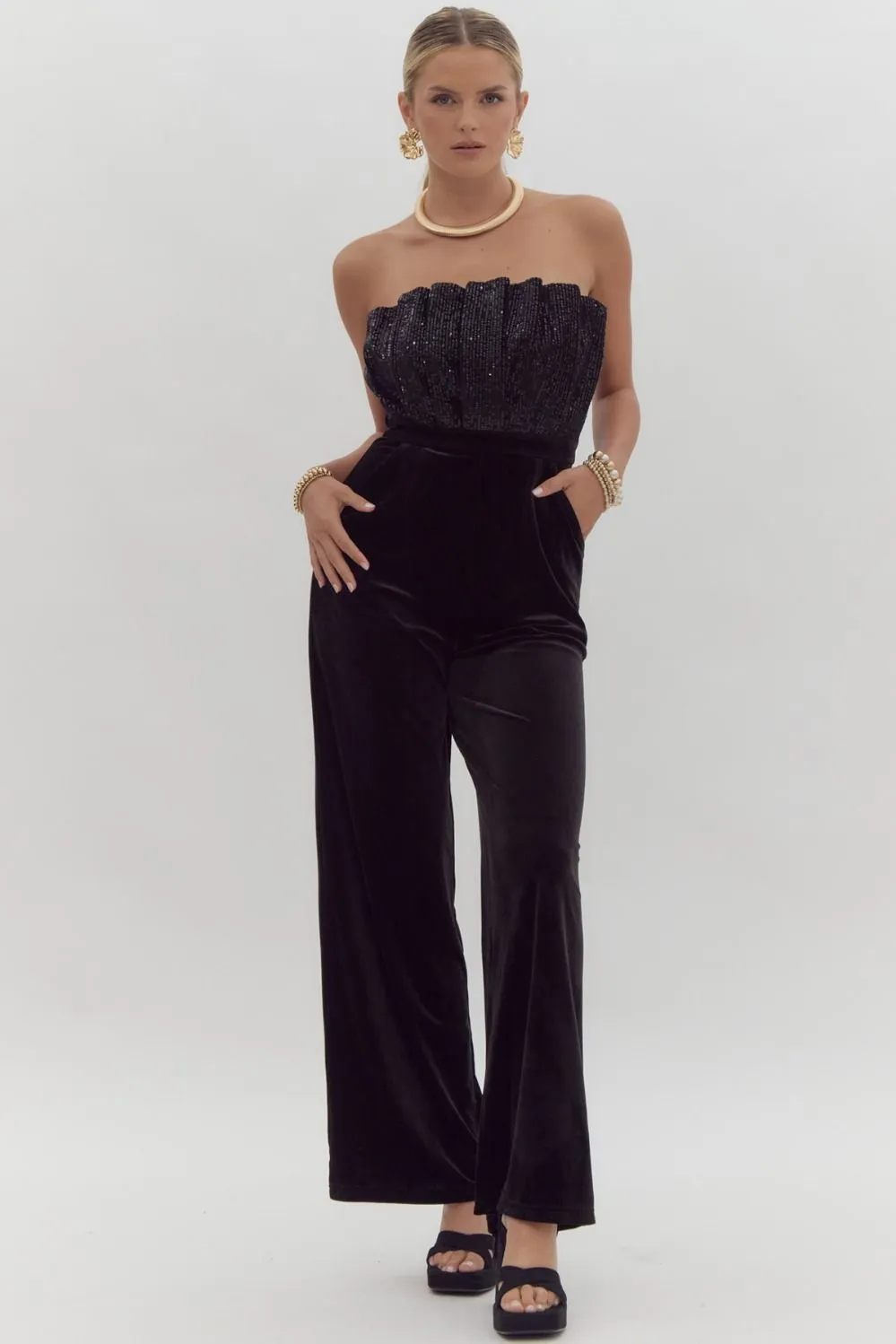 Velvet Sequin Jumpsuit - Black