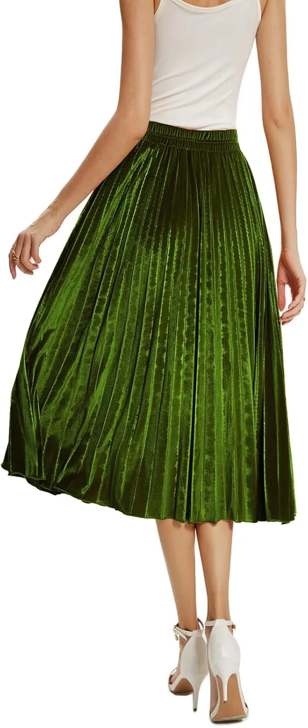 Velvet Skirt for Women Elastic Waist Metallic Accordion Midi Pleated Skirts Christmas