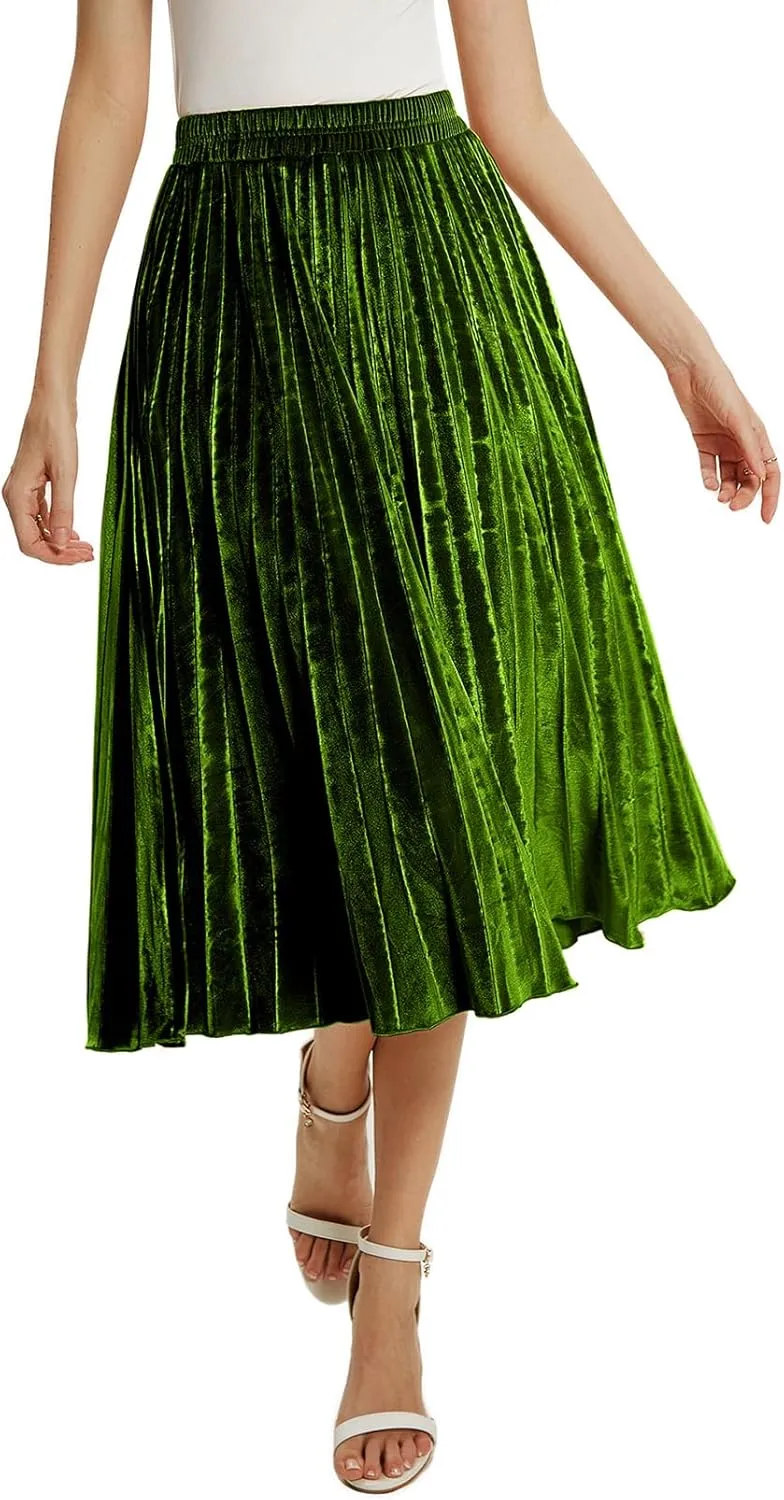 Velvet Skirt for Women Elastic Waist Metallic Accordion Midi Pleated Skirts Christmas