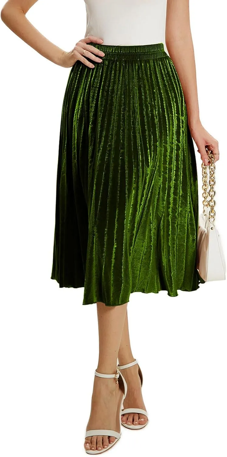 Velvet Skirt for Women Elastic Waist Metallic Accordion Midi Pleated Skirts Christmas