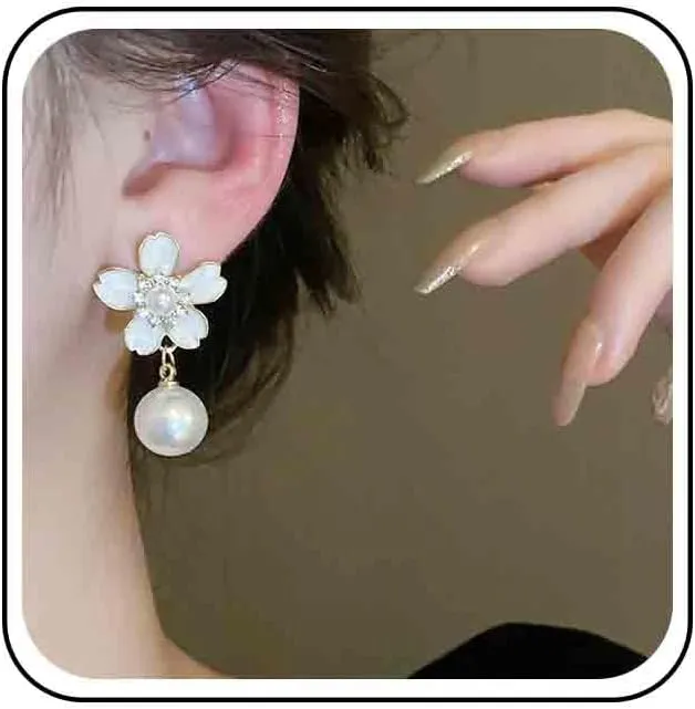 Vintage Crystal Flower Dangle Earrings Red Blossom Flower Stud Earrings Red Pearl Drop Earrings Rhinestone Flower Earrings Jewelry for Women