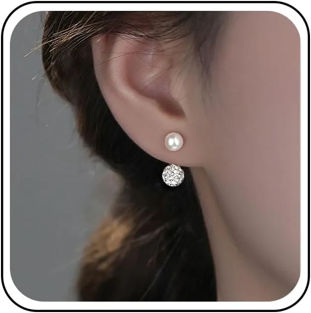 Vintage Crystal Pearl Ear Jacket Earrings Gold Rhinestone Ball Jacket Earrings Wedding Pearl Front Back Earrings Sparkly Cz Pearl Stud Earrings Jewelry for Women
